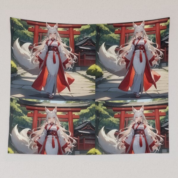 Item preview, Beautiful Kitsune Anime Girl Shrine Maiden White Hair designed and sold by Myanimegirlshop.