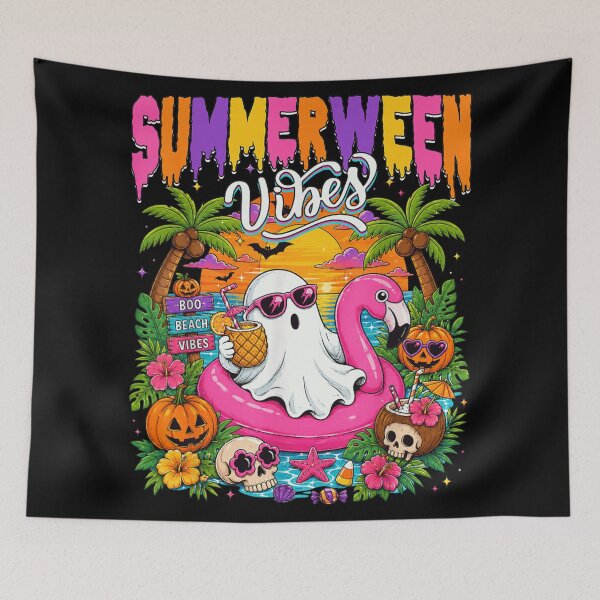 Item preview, Summerween Vibes Ghost Flamingo Float Tropical Halloween Beach Sunset designed and sold by HarinDonreka.