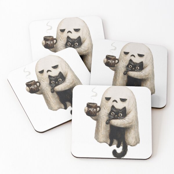 Item preview, Grumpy Ghost Holding Black Cat Coffee Spooky Cute Cozy Halloween Mood designed and sold by DaphoLatara.