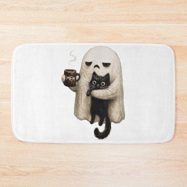 Item preview, Grumpy Ghost Holding Black Cat Coffee Spooky Cute Cozy Halloween Mood designed and sold by DaphoLatara.