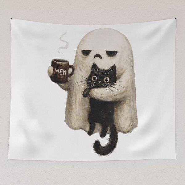 Item preview, Grumpy Ghost Holding Black Cat Coffee Spooky Cute Cozy Halloween Mood designed and sold by DaphoLatara.