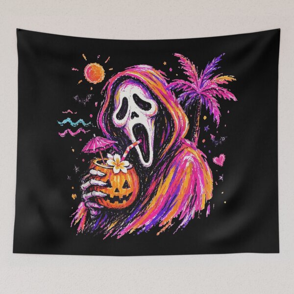 Item preview, Summerween Ghostface Tropical Pumpkin Drink Spooky Beach Sunset Halloween Vibes designed and sold by LakenDraphil.