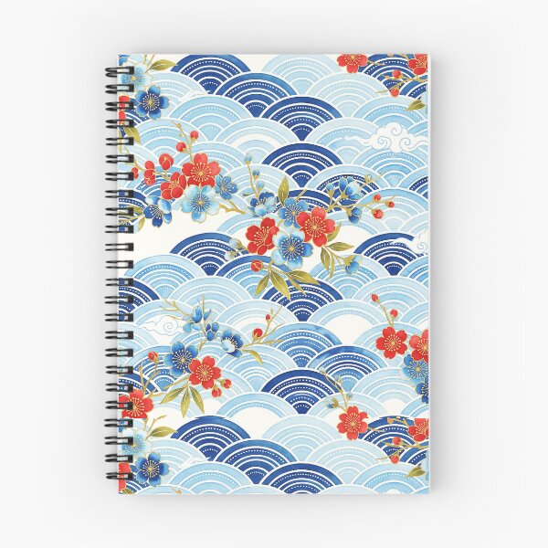 Item preview, Stylized Japanese wave motif with red and blue flowers designed and sold by hobikeyfimartdijital.