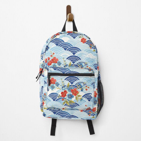 Item preview, Stylized Japanese wave motif with red and blue flowers designed and sold by hobikeyfimartdijital.