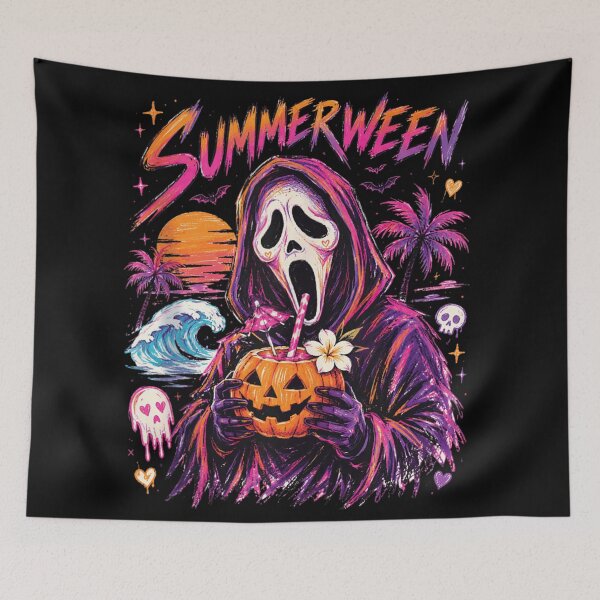 Item preview, Summerween Ghostface Sipping Pumpkin Cocktail Tropical Spooky Beach Party Vibes designed and sold by LakenDraphil.