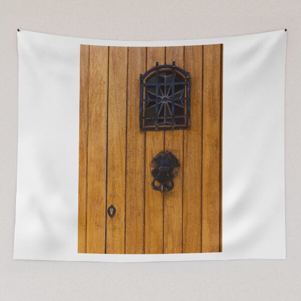 Item preview, Rustic Wooden Door With Decorative Iron Knocker And Small Arched Grille Window, Vintage Entrance Detail designed and sold by Nmallia.