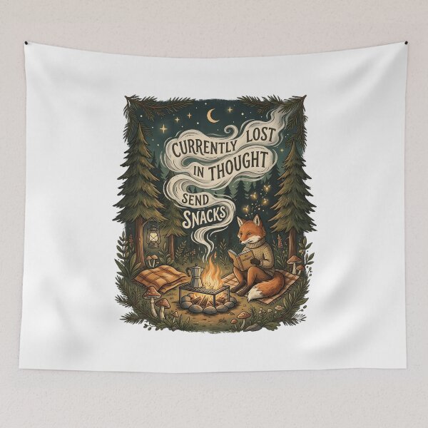 Item preview, Currently Lost In Thought Send Snacks Funny Overthinker Fox Camping Vintage Introvert Design designed and sold by softmind studio.