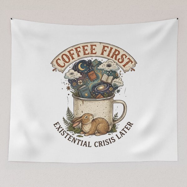 Item preview, Coffee First Existential Crisis Later Funny Coffee Lover Overthinker Vintage Rabbit Design designed and sold by softmind studio.