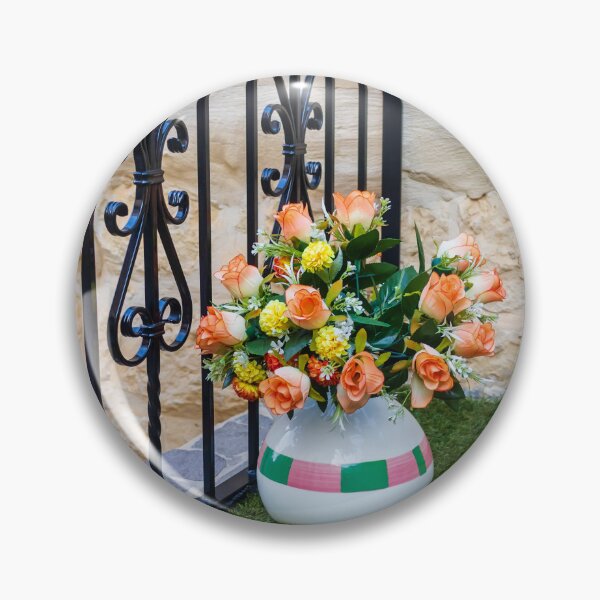 Item preview, Orange Rose Bouquet in Ceramic Vase Beside Wrought Iron Railing on Small Balcony designed and sold by Nmallia.
