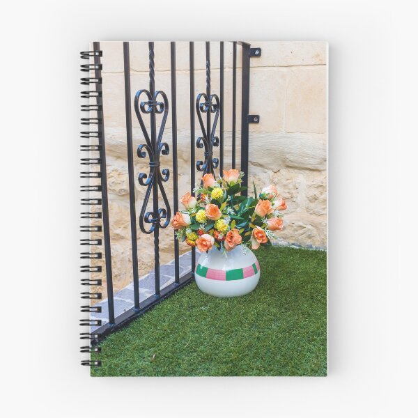 Item preview, Orange Rose Bouquet in Ceramic Vase Beside Wrought Iron Railing on Small Balcony designed and sold by Nmallia.