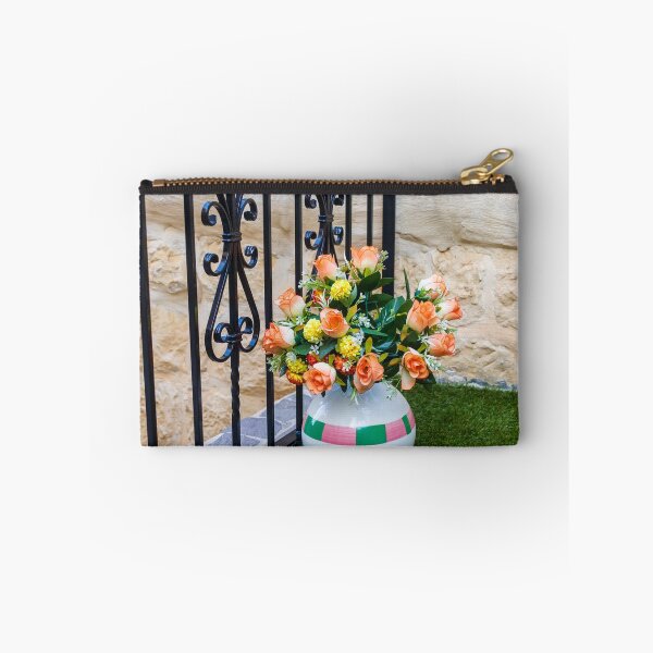 Item preview, Orange Rose Bouquet in Ceramic Vase Beside Wrought Iron Railing on Small Balcony designed and sold by Nmallia.