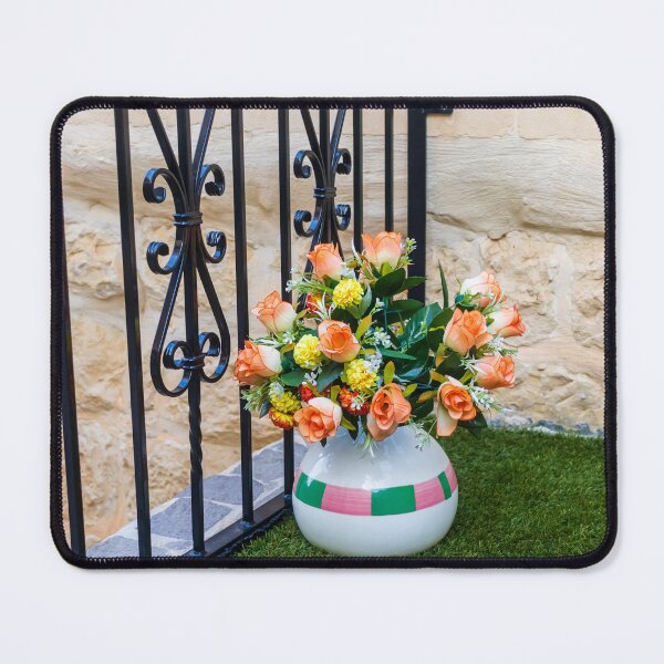 Item preview, Orange Rose Bouquet in Ceramic Vase Beside Wrought Iron Railing on Small Balcony designed and sold by Nmallia.