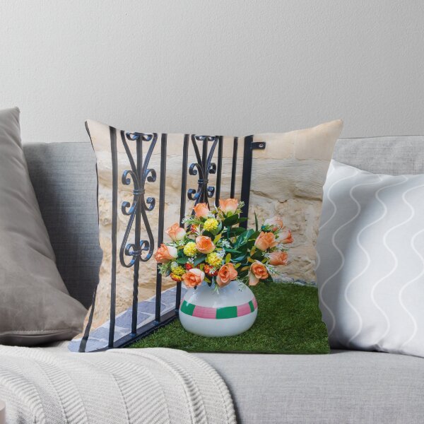 Item preview, Orange Rose Bouquet in Ceramic Vase Beside Wrought Iron Railing on Small Balcony designed and sold by Nmallia.