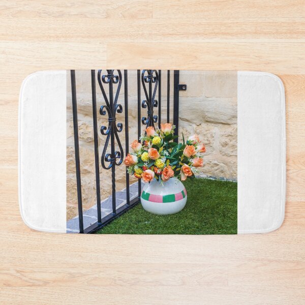 Item preview, Orange Rose Bouquet in Ceramic Vase Beside Wrought Iron Railing on Small Balcony designed and sold by Nmallia.
