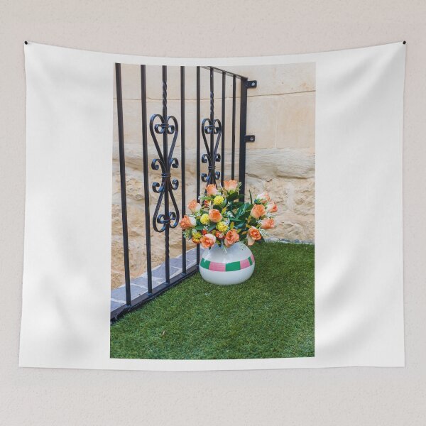 Item preview, Orange Rose Bouquet in Ceramic Vase Beside Wrought Iron Railing on Small Balcony designed and sold by Nmallia.