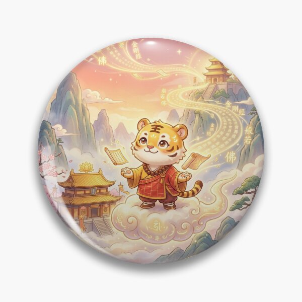 Item preview, Cute Chibi Golden Tiger on Cloud with Buddhist Scriptures Chibi Illustration for Spiritual Seekers designed and sold by uegi.