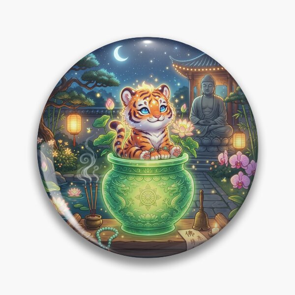 Item preview, Chibi Celestial Tiger in Glowing Jade Vase Spiritual Buddha Garden Night designed and sold by uegi.