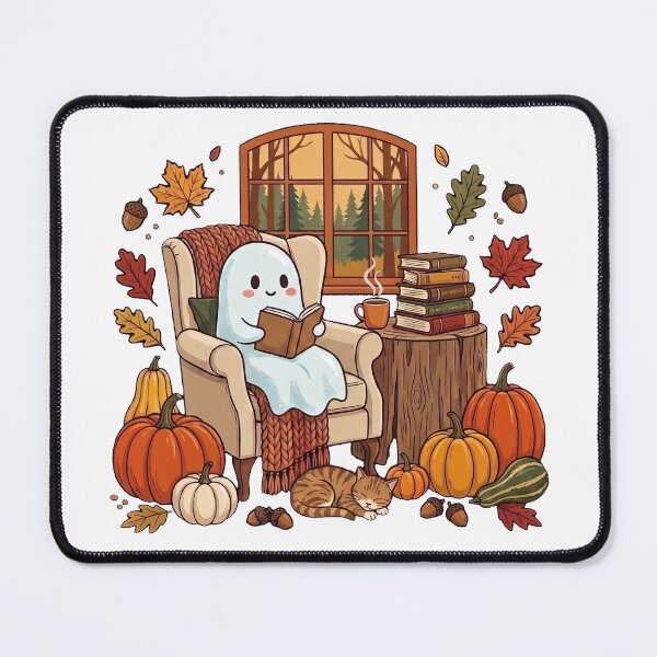 Item preview, Ghost Reading Book With Coffee Cat Halloween Fall designed and sold by HalloweenGift.