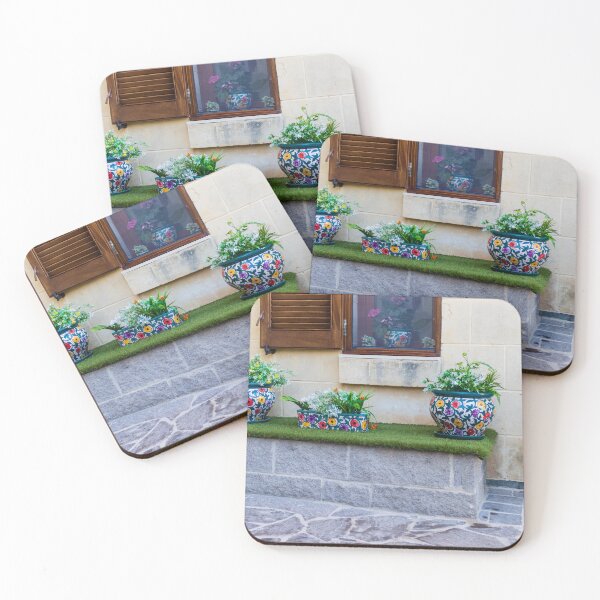 Item preview, Ceramic Flower Pots On Mediterranean Courtyard Window Ledge With Colorful Potted Plants And Greenery designed and sold by Nmallia.
