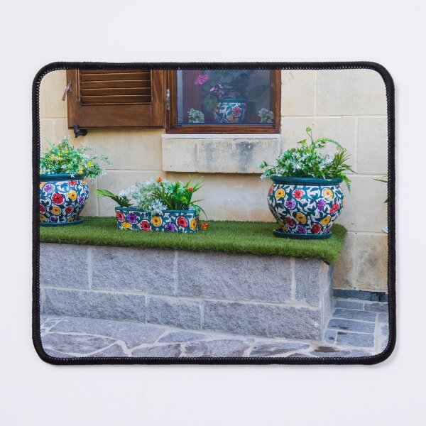 Item preview, Ceramic Flower Pots On Mediterranean Courtyard Window Ledge With Colorful Potted Plants And Greenery designed and sold by Nmallia.