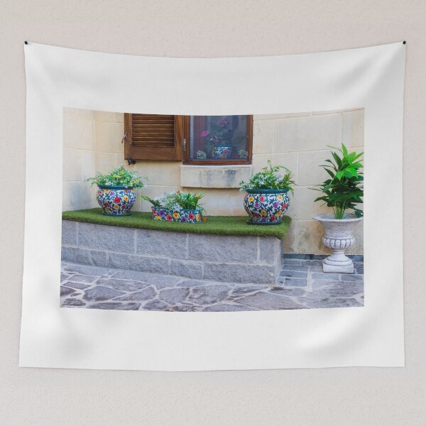 Item preview, Ceramic Flower Pots On Mediterranean Courtyard Window Ledge With Colorful Potted Plants And Greenery designed and sold by Nmallia.