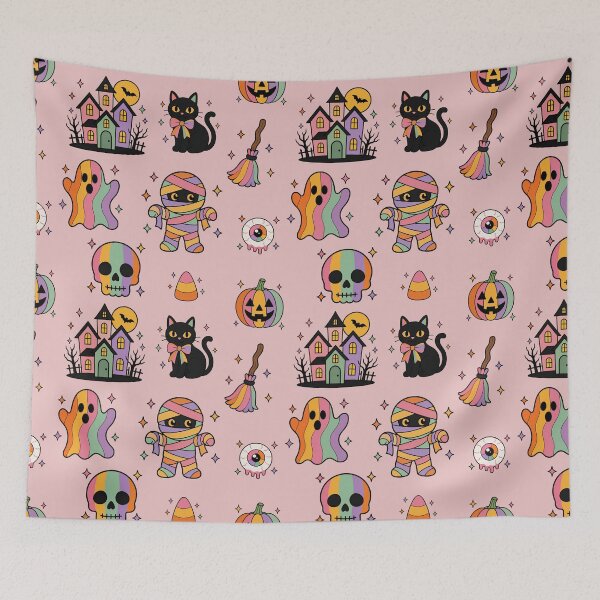 Item preview, Pink Halloween Pattern - Pastel Groovy Ghost, Black Cat, Haunted House, Girly Cute Spooky Season Design designed and sold by BVDigitalArt.