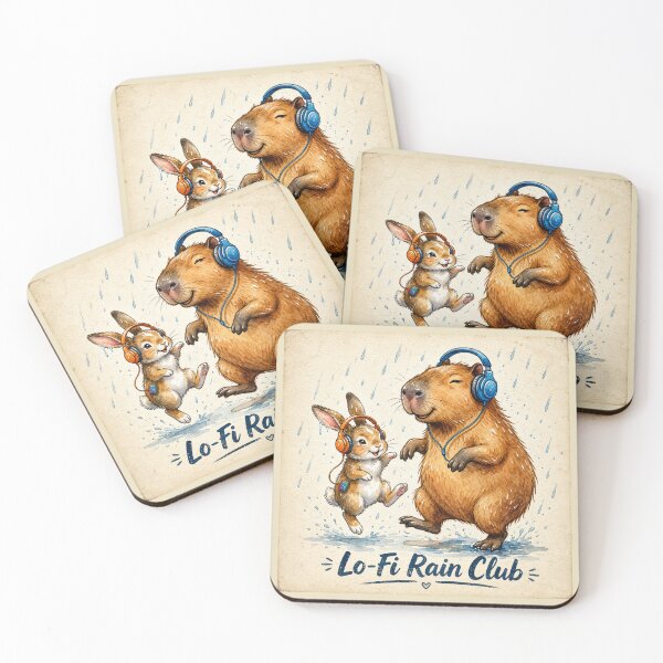 Item preview, Lo-Fi Rain Club | Cute Capybara & Bunny Dancing in the Rain Watercolor designed and sold by HOUSE OF TIST.