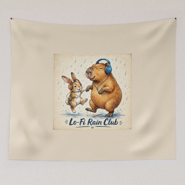 Item preview, Lo-Fi Rain Club | Cute Capybara & Bunny Dancing in the Rain Watercolor designed and sold by HOUSE OF TIST.