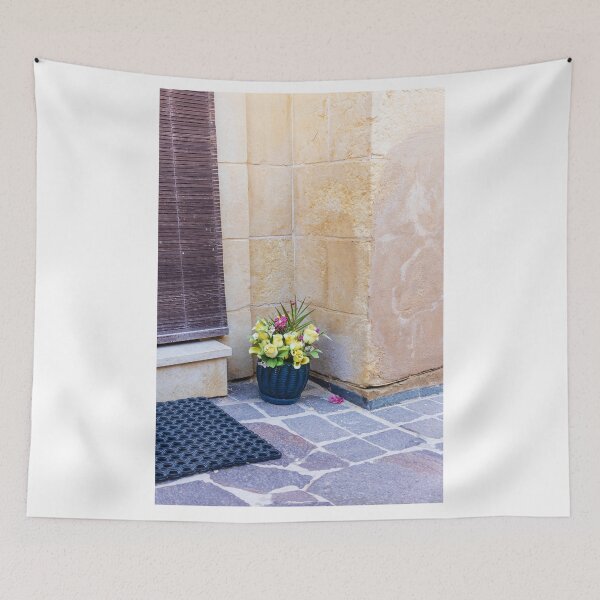 Item preview, Yellow Flower Pot In Stone Corner By Wooden Shutter On Mediterranean Paved Doorway designed and sold by Nmallia.