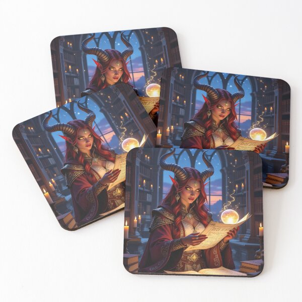 Item preview, Female Demon Sorceress Studying Scrolls in a Starlit Library designed and sold by Fanta-sticky.