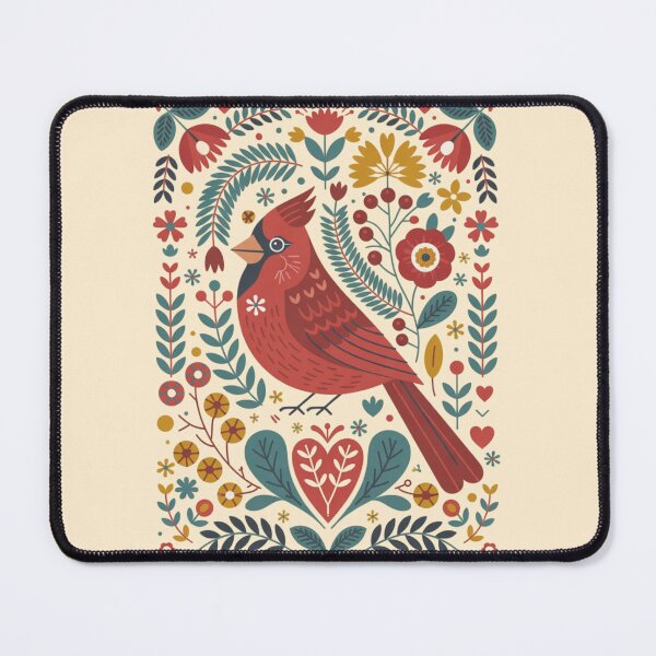 Item preview, Scandinavian folk art illustration of a charming Cardinal in a whimsical Nordic woodland scene designed and sold by 123ks.