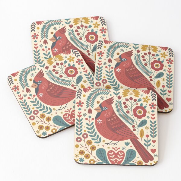 Item preview, Scandinavian folk art illustration of a charming Cardinal in a whimsical Nordic woodland scene designed and sold by 123ks.