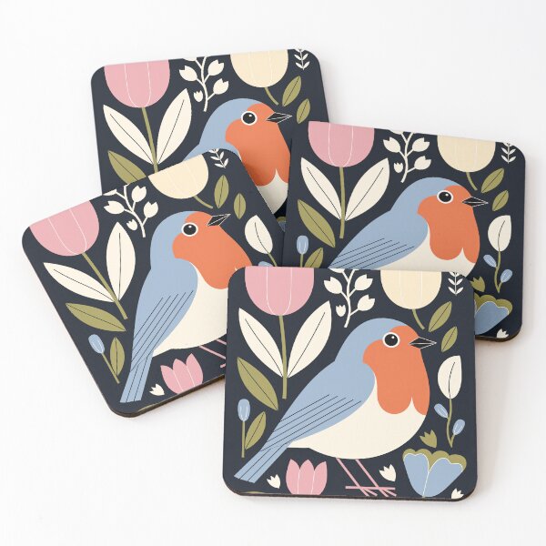 Item preview, Blue Robin in Tulips – Modern Floral Folk Bird Art designed and sold by Filora Atelier | Bird Art.