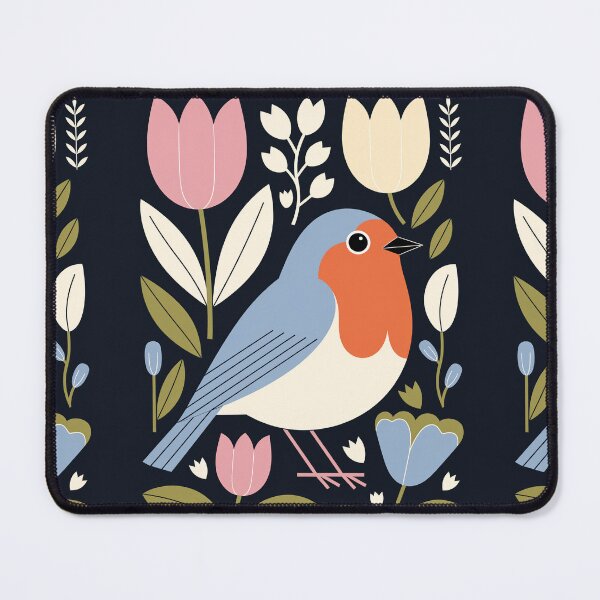 Item preview, Blue Robin in Tulips – Modern Floral Folk Bird Art designed and sold by Filora Atelier | Bird Art.