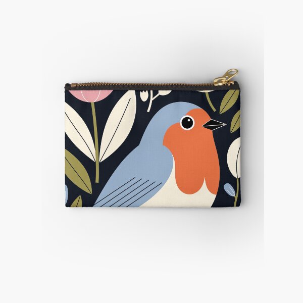 Item preview, Blue Robin in Tulips – Modern Floral Folk Bird Art designed and sold by Filora Atelier | Bird Art.