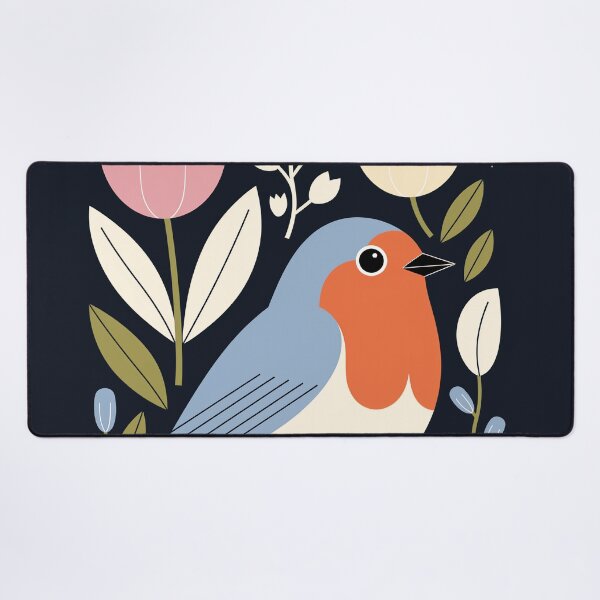 Item preview, Blue Robin in Tulips – Modern Floral Folk Bird Art designed and sold by Filora Atelier | Bird Art.