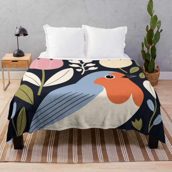Item preview, Blue Robin in Tulips – Modern Floral Folk Bird Art designed and sold by Filora Atelier | Bird Art.