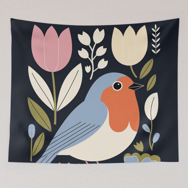 Item preview, Blue Robin in Tulips – Modern Floral Folk Bird Art designed and sold by Filora Atelier | Bird Art.