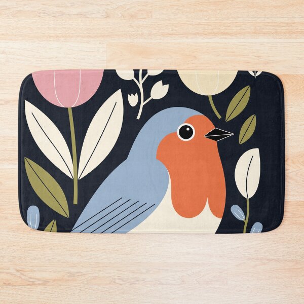 Item preview, Blue Robin in Tulips – Modern Floral Folk Bird Art designed and sold by Filora Atelier | Bird Art.