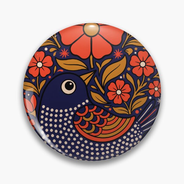 Item preview, Navy Folk Art Bird with Red Flowers – Bold Botanical Illustration designed and sold by Filora Atelier | Bird Art.