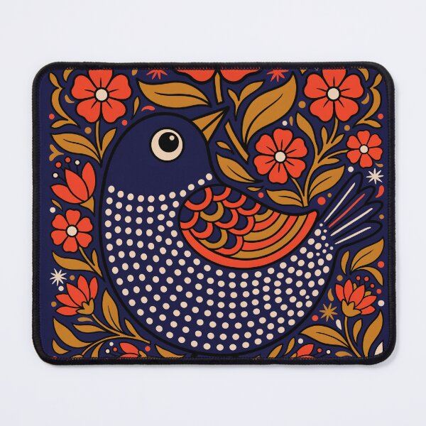 Item preview, Navy Folk Art Bird with Red Flowers – Bold Botanical Illustration designed and sold by Filora Atelier | Bird Art.