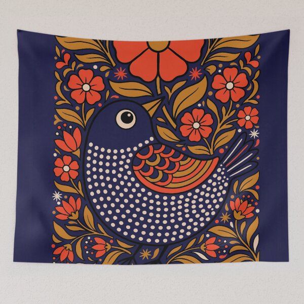 Item preview, Navy Folk Art Bird with Red Flowers – Bold Botanical Illustration designed and sold by Filora Atelier | Bird Art.