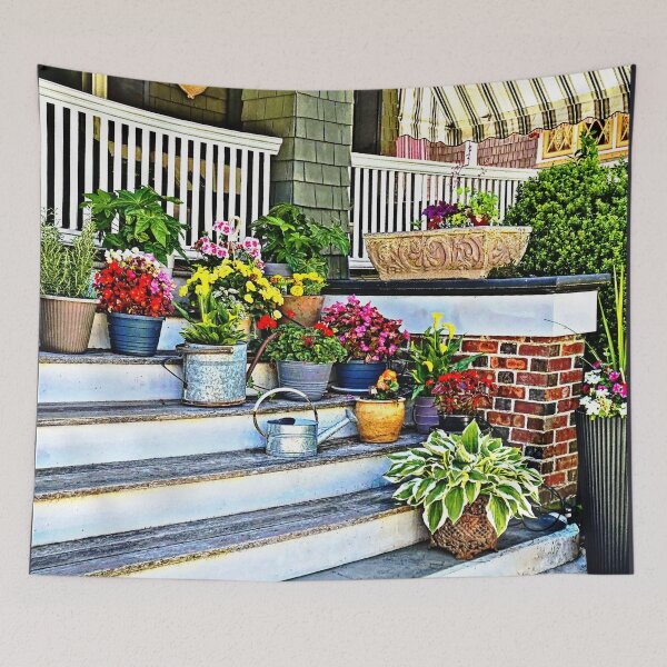 Item preview, Cape May NJ - Flowers and Watering Cans on Porch Steps designed and sold by Susan Savad.
