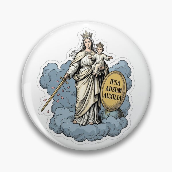 Item preview, Ipsa Adsum Auxilia Virgin Mary Sword Shield Catholic Woodcut designed and sold by raedattia.