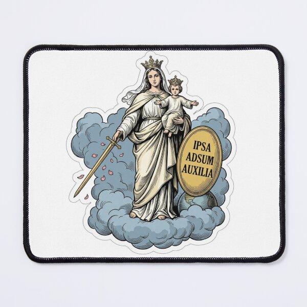Item preview, Ipsa Adsum Auxilia Virgin Mary Sword Shield Catholic Woodcut designed and sold by raedattia.