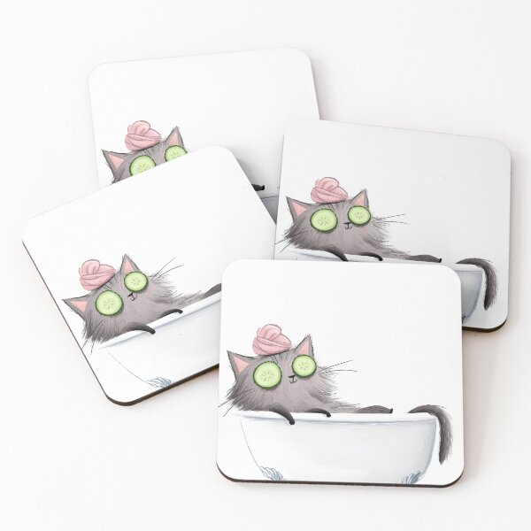 Item preview, Fluffy Grey Cat Relaxing in Bath with Cucumber Eyes designed and sold by canvahub.