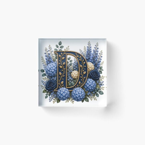 Artikelvorschau, Elegantes Monogramm des Buchstabens D mit blauen Hortensien und goldenem botanischem Design | Luxuriöse florale Initialen-Kunst entworfen und verkauft von MoodLay.