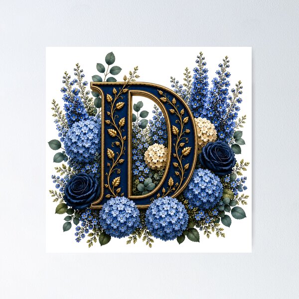 Item preview, Elegant Letter D Monogram with Blue Hydrangeas & Gold Botanical Design | Luxury Floral Initial Art designed and sold by MoodLay.