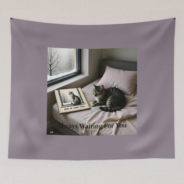 Item preview, Always Waiting For You Pet Remembrance Canvas: Cozy Bedroom Tabby Cat Portrait designed and sold by Creative-RE.