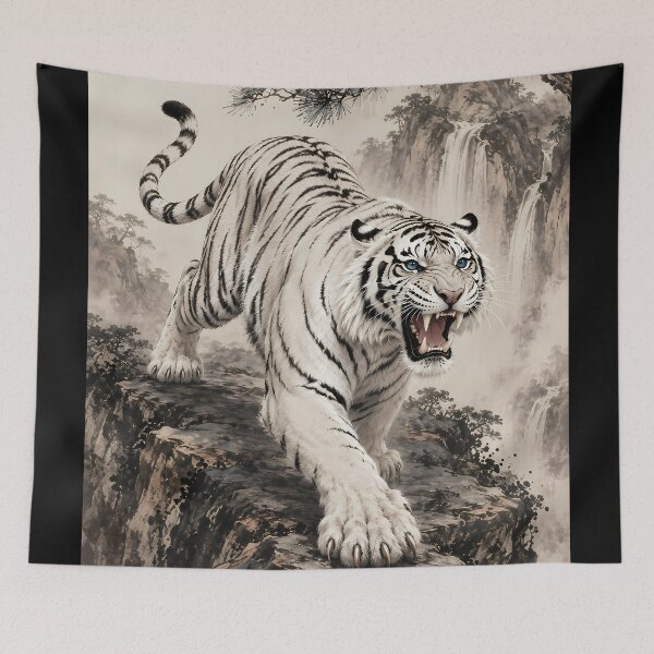 Item preview, White Tiger Roaring Ink Wash Painting | Traditional Chinese Watercolor Wildlife Art designed and sold by ManJiangHong.